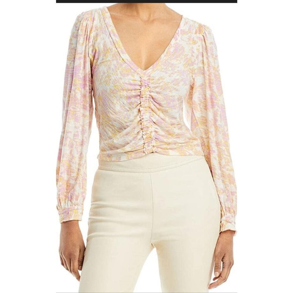 Free People Sz L Say The Word Knit Top Floral Ruched Puff Sleeve Colorful Boho